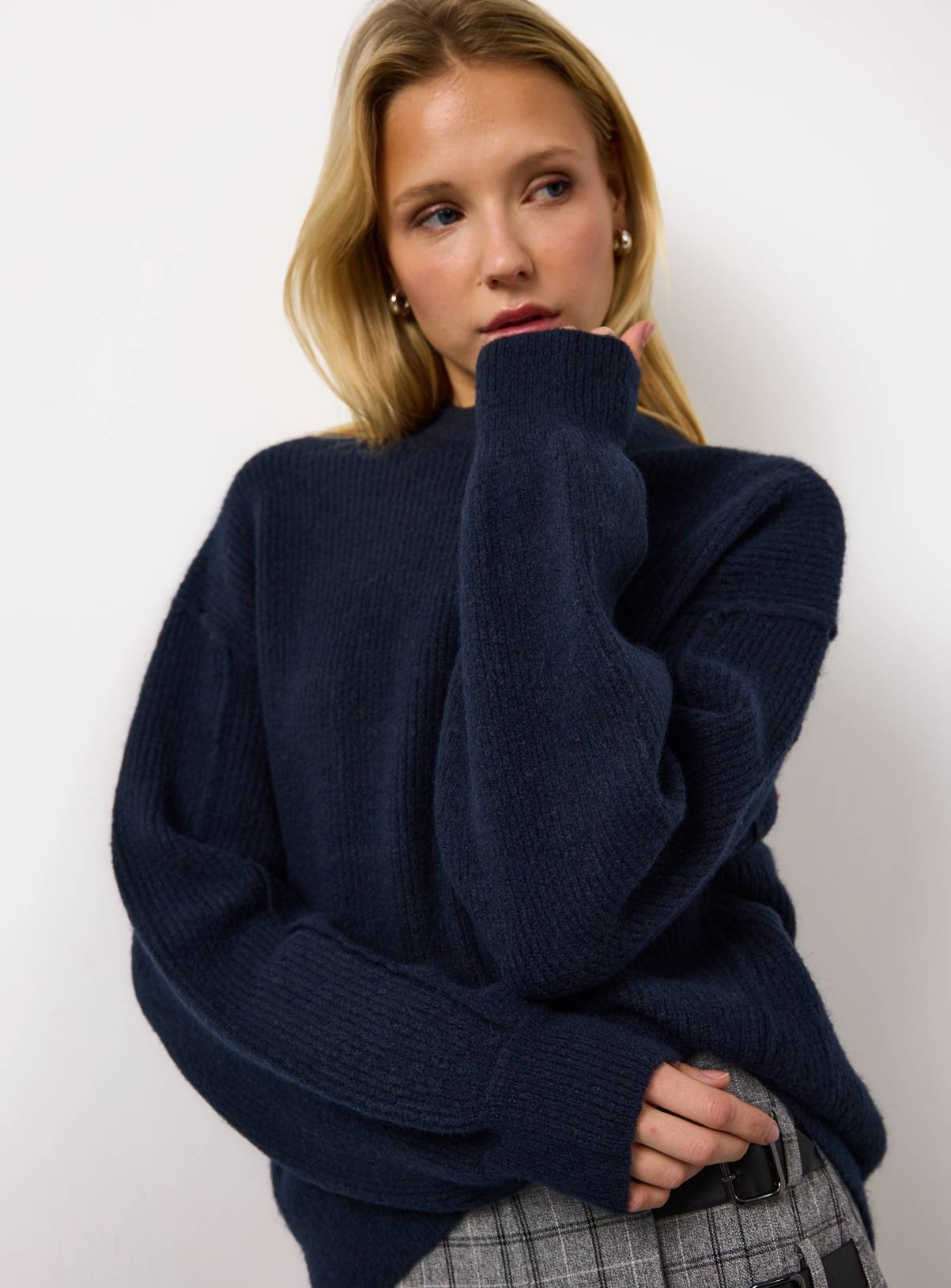 Navy Ribbed Fisherman Crew Neck Jumper M - Image 1